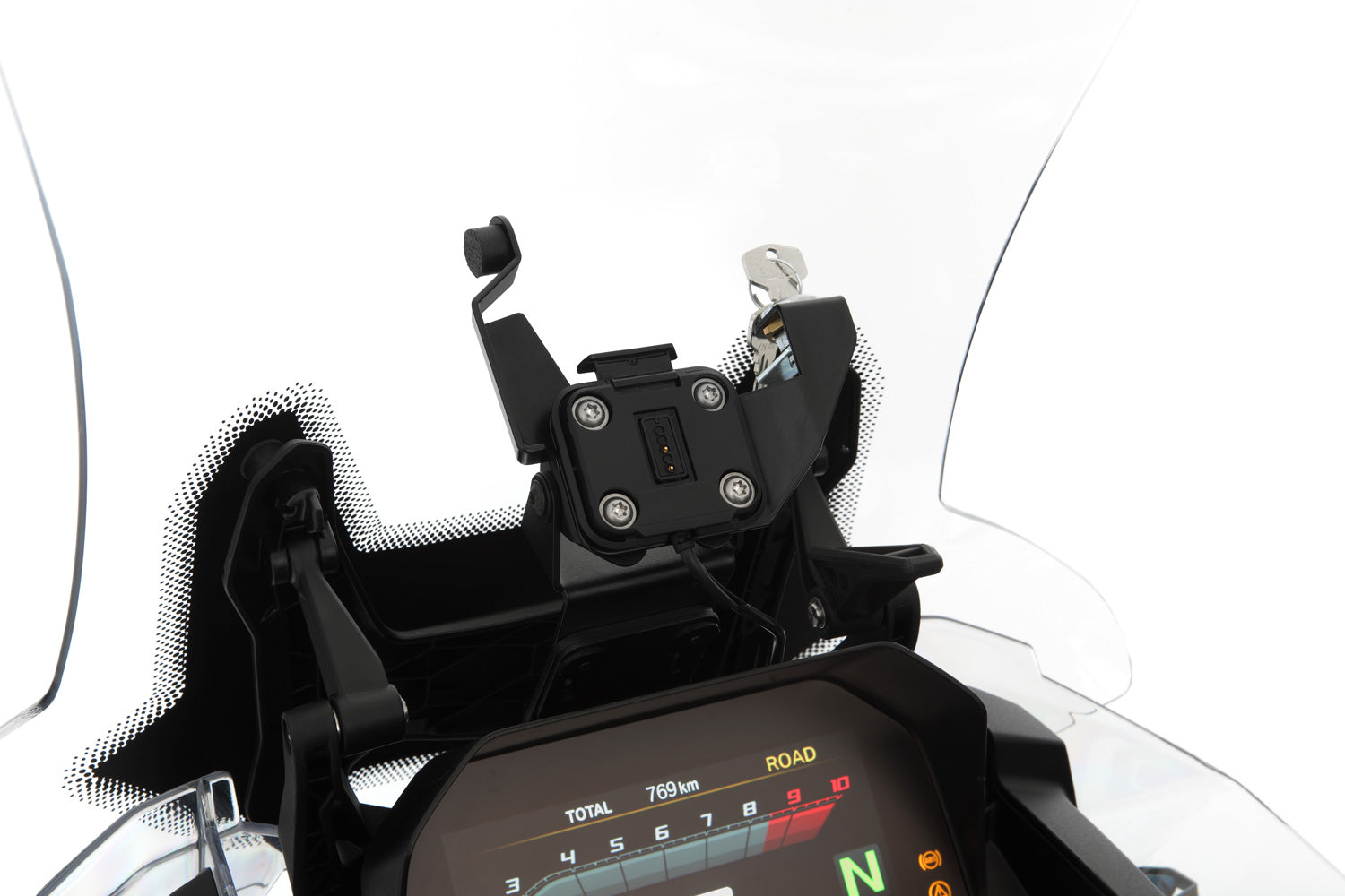 This security kit is mounted on the Garmin Zumo XT navigation mounting and prevents unauthorised access to the expensive device.