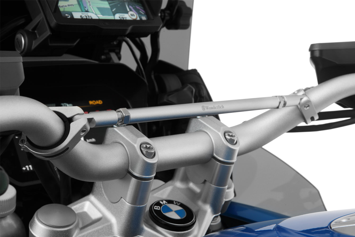 Silver-colored handlebar center strut for BMW made of aluminum