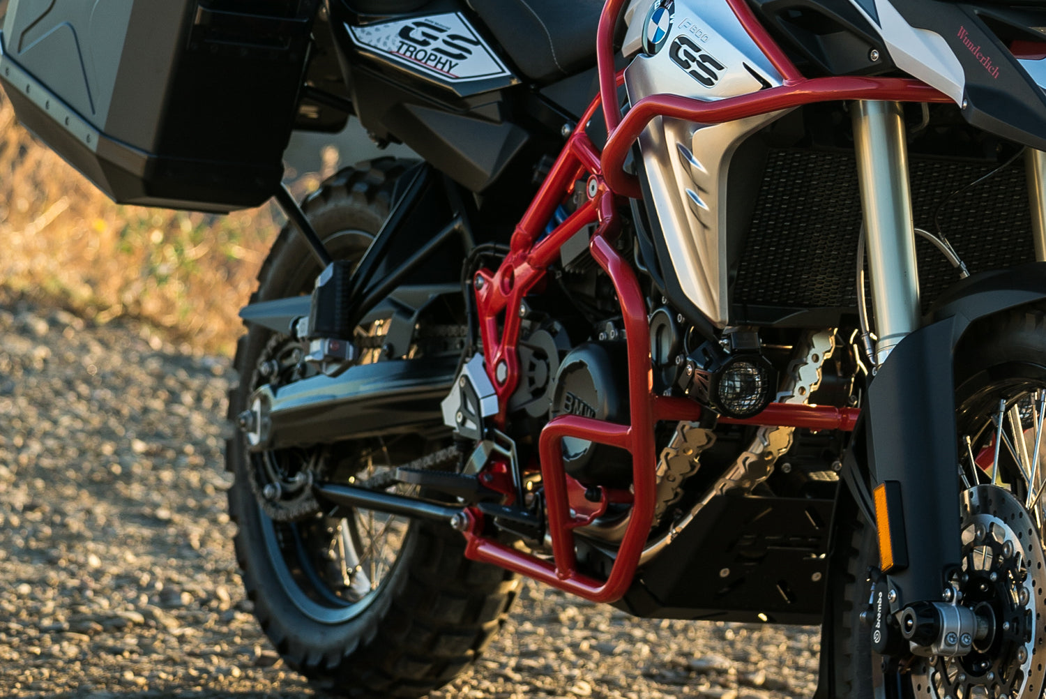 A BMW GS supported on the side stand can easily get bogged down.The Wunderlich sidestand enlarger eliminates this risk.