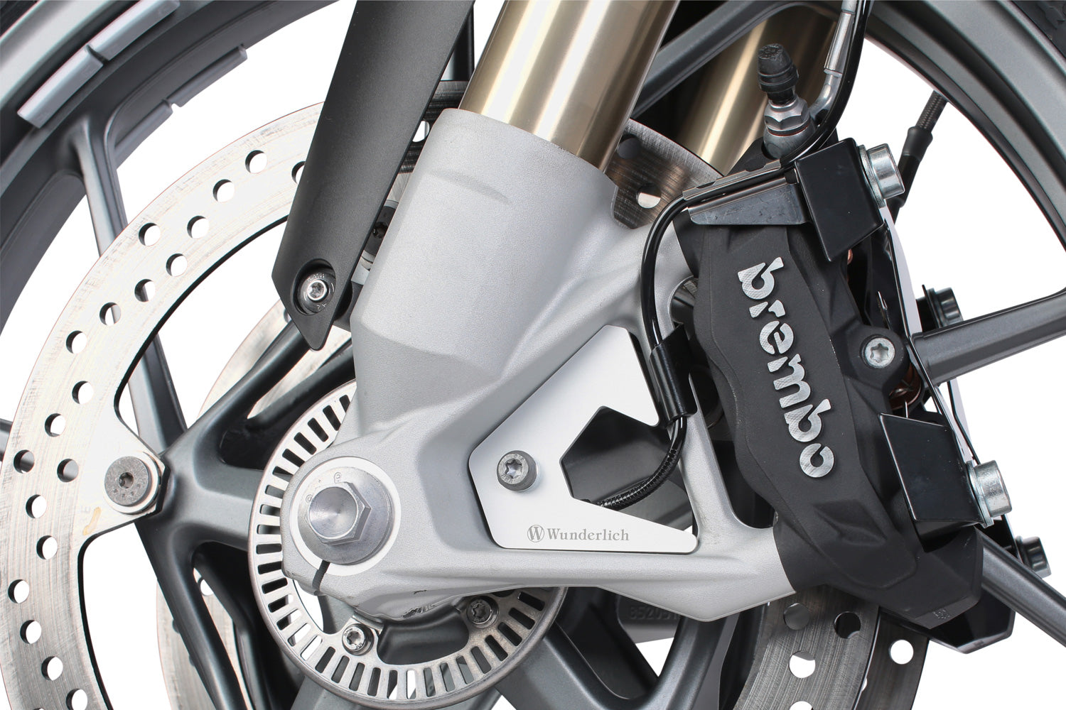 Wunderlich ABS sensor protection; this ABS sensor cover closes the gaps between the brake calliper and front wheel bearings.