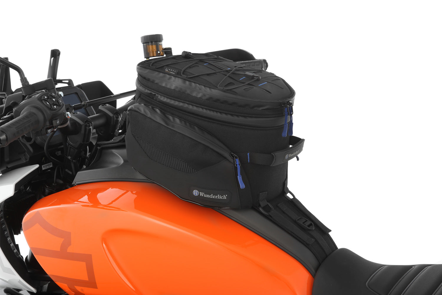 The mounting system is attached to the vehicle with minimal hand pressure and the tank bag can be quickly fastened to it.