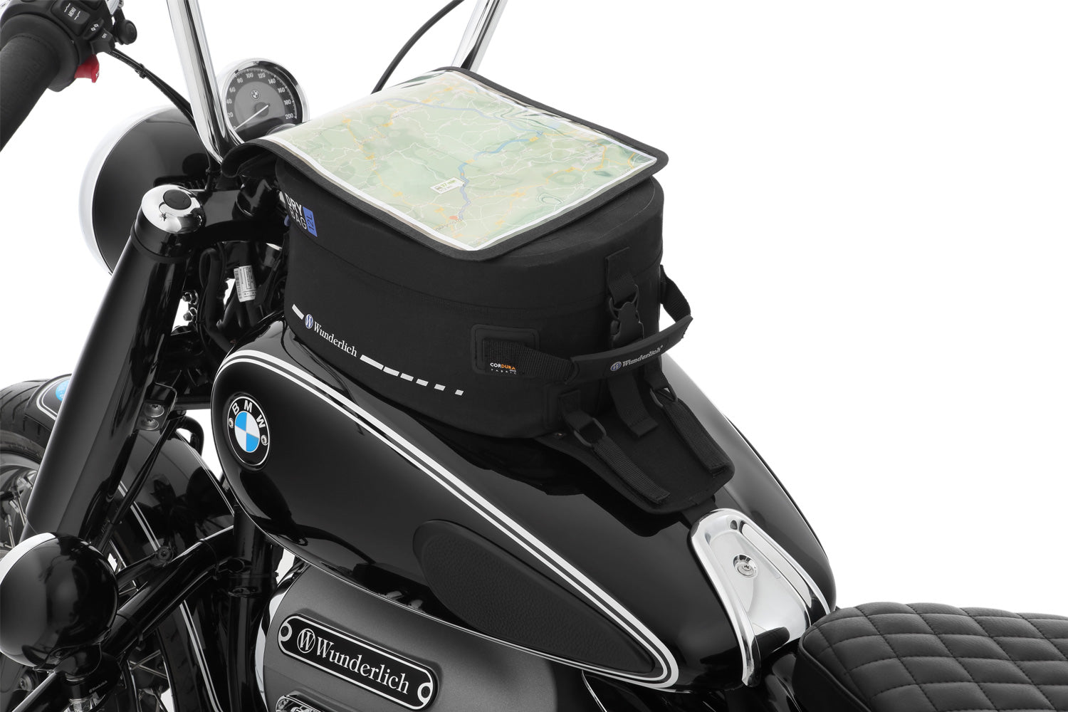 The mounting system is attached to the vehicle with minimal hand pressure and the tank bag can be quickly fastened to it. 