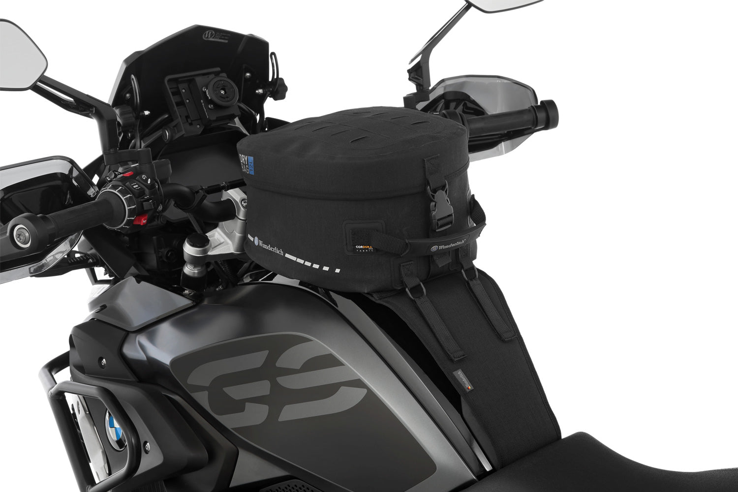 The mounting system is attached to the vehicle with minimal hand pressure and the tank bag can be quickly fastened to it. 
