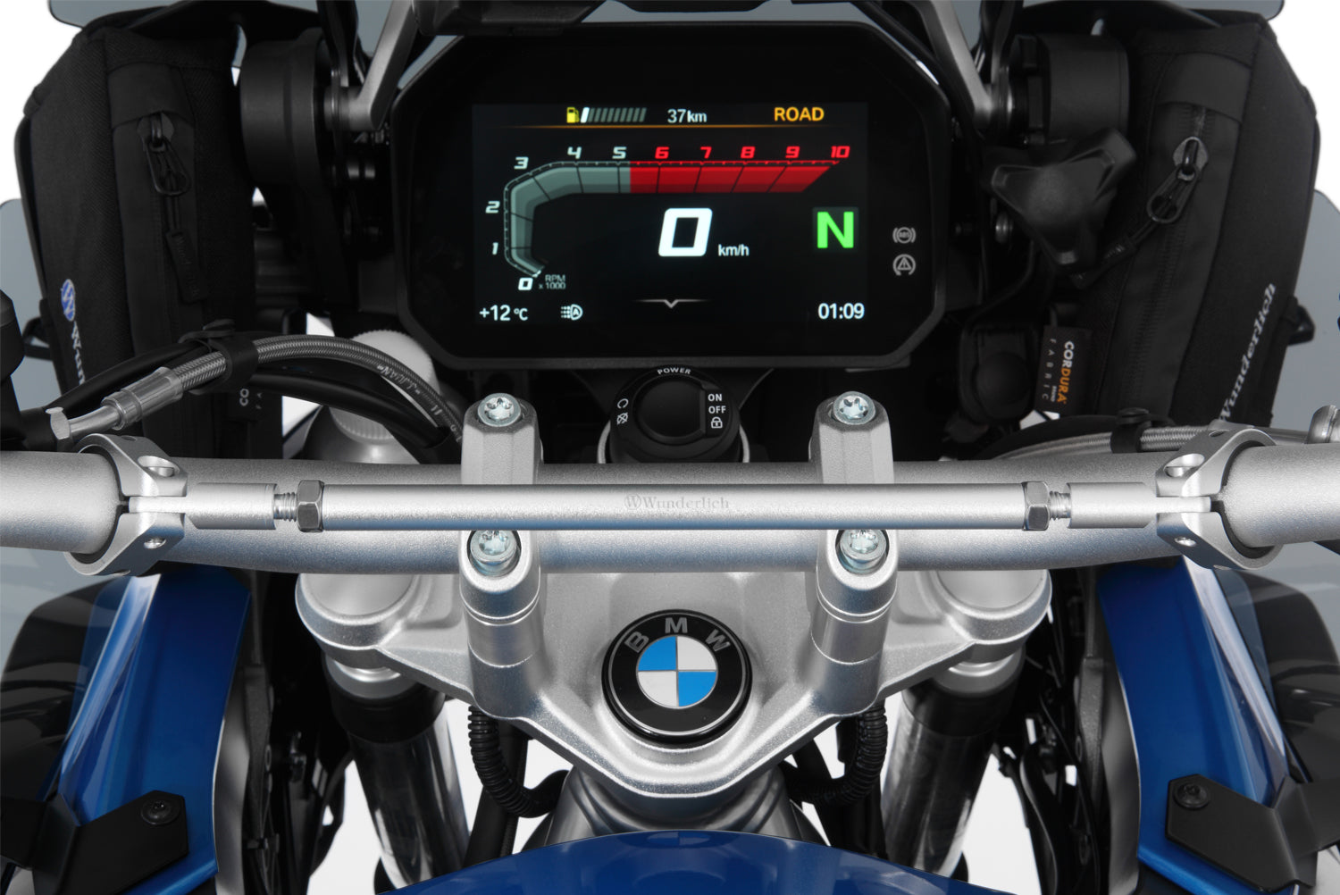Silver-colored handlebar center strut for BMW made of aluminum
