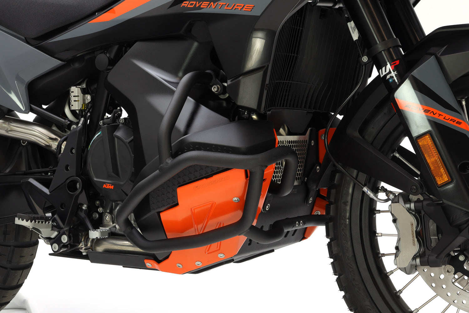 Crosspro - Aluminum Trail Engine Guard For KTM 790 Adventure, 890 Adventure, 890 Adventure R-Center Textured Black/Side Orange