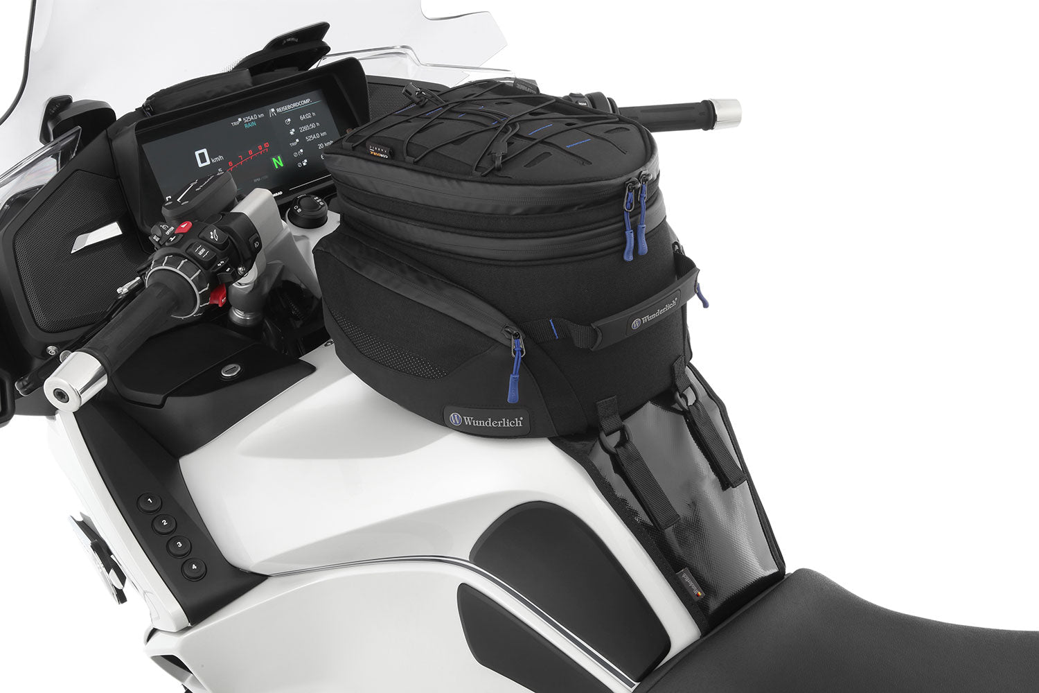 The mounting system is attached to the vehicle with minimal hand pressure and the tank bag can be quickly fastened to it. 