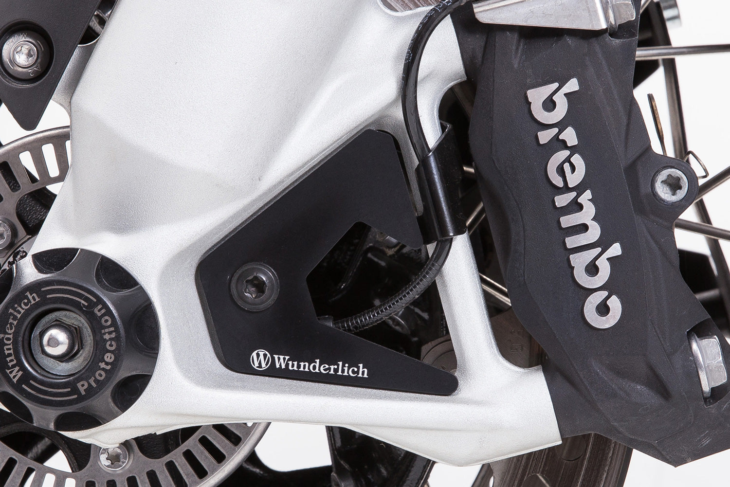 Wunderlich ABS sensor protection; this ABS sensor cover closes the gaps between the brake calliper and front wheel bearings.