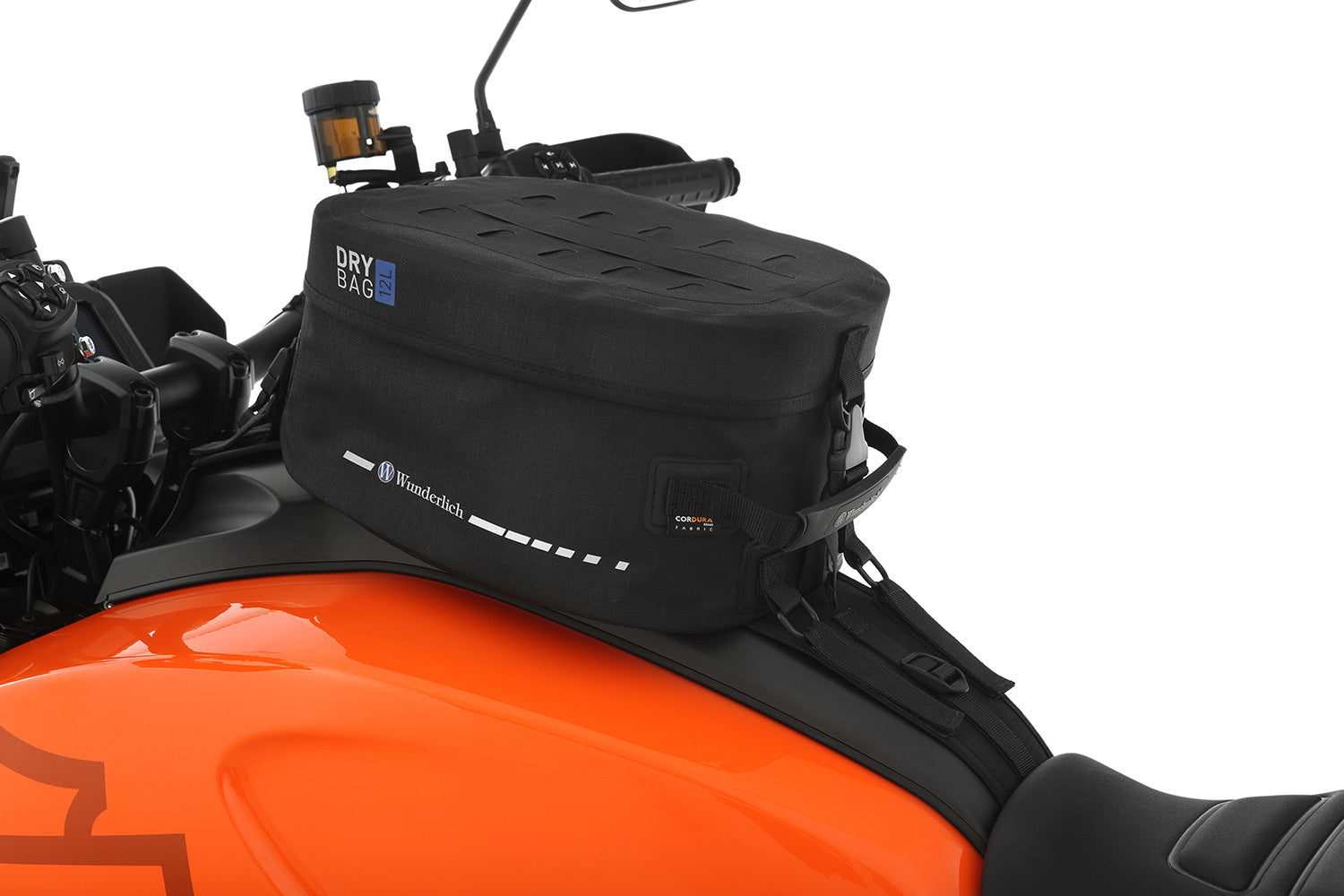 The mounting system is attached to the vehicle with minimal hand pressure and the tank bag can be quickly fastened to it. 